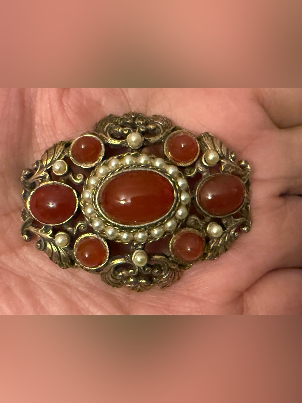 Vintage De Nicola Red Carnelian and Pearl Accent Brooch